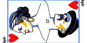 Be Chiqúe Kartenspiel-Design mit Herz-Symbolen und stilisierten Gesichtern