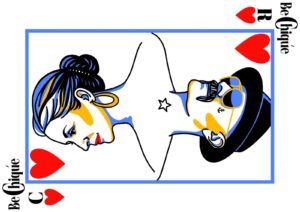 Be Chiqúe Kartenspiel-Design mit Herz-Symbolen und stilisierten Gesichtern